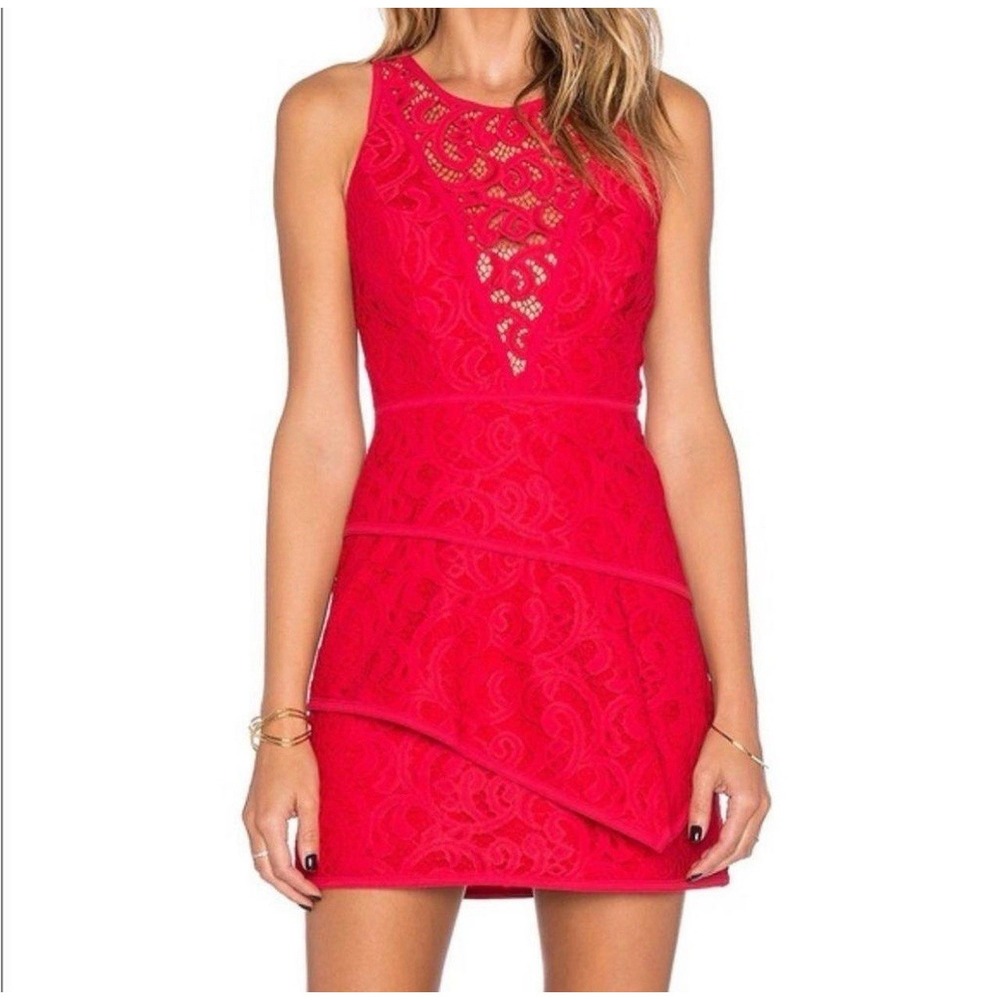 BCBG Maxazria Scarlet Red Hanah‎  Flounce Lace Mini Party Cocktail Dress 10 Y2K